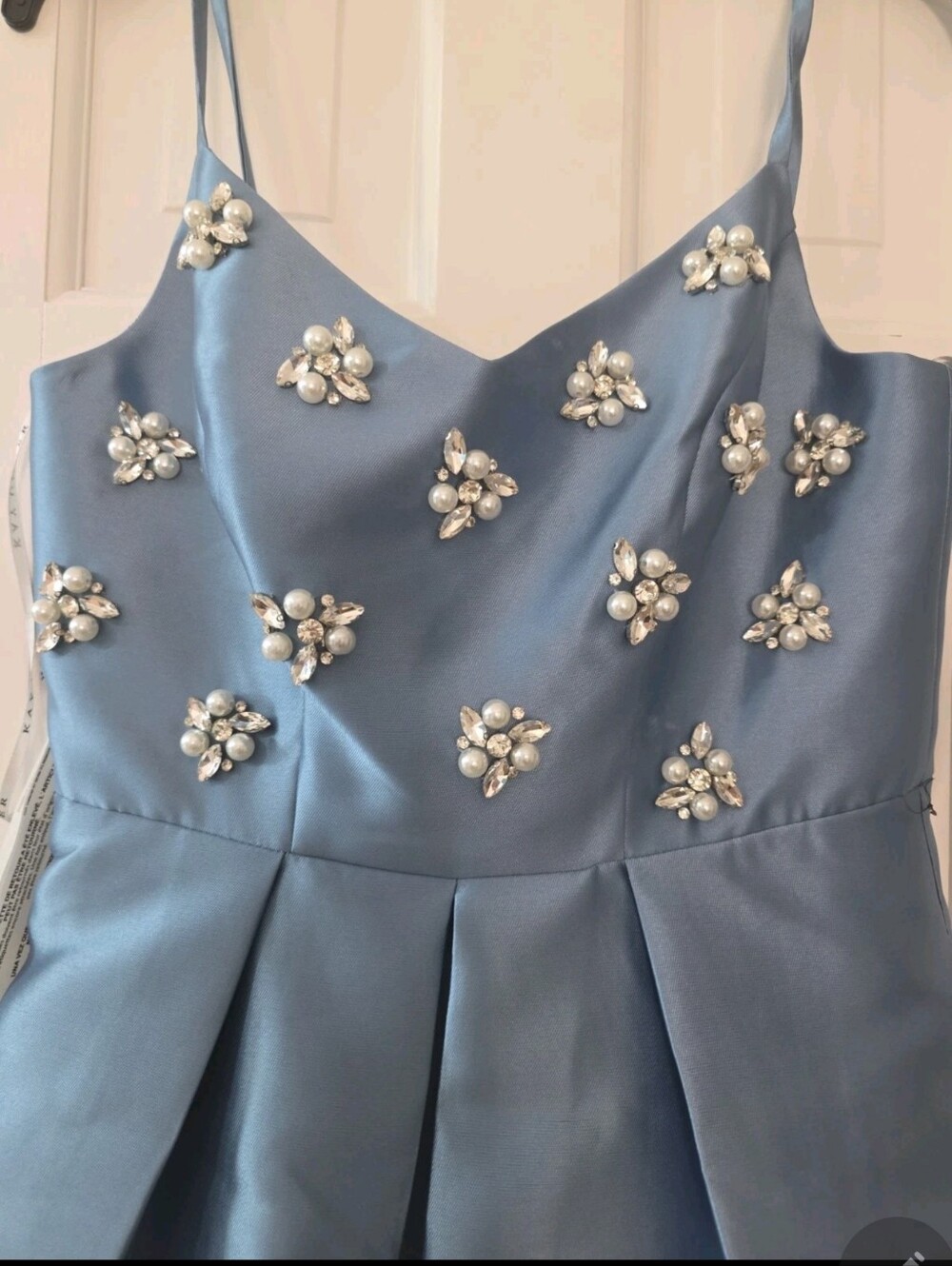 Kay Unger Eloise Satin Floral-Embellished Gown In Ice Blue Sz 4 $388 - Picture 7 of 9